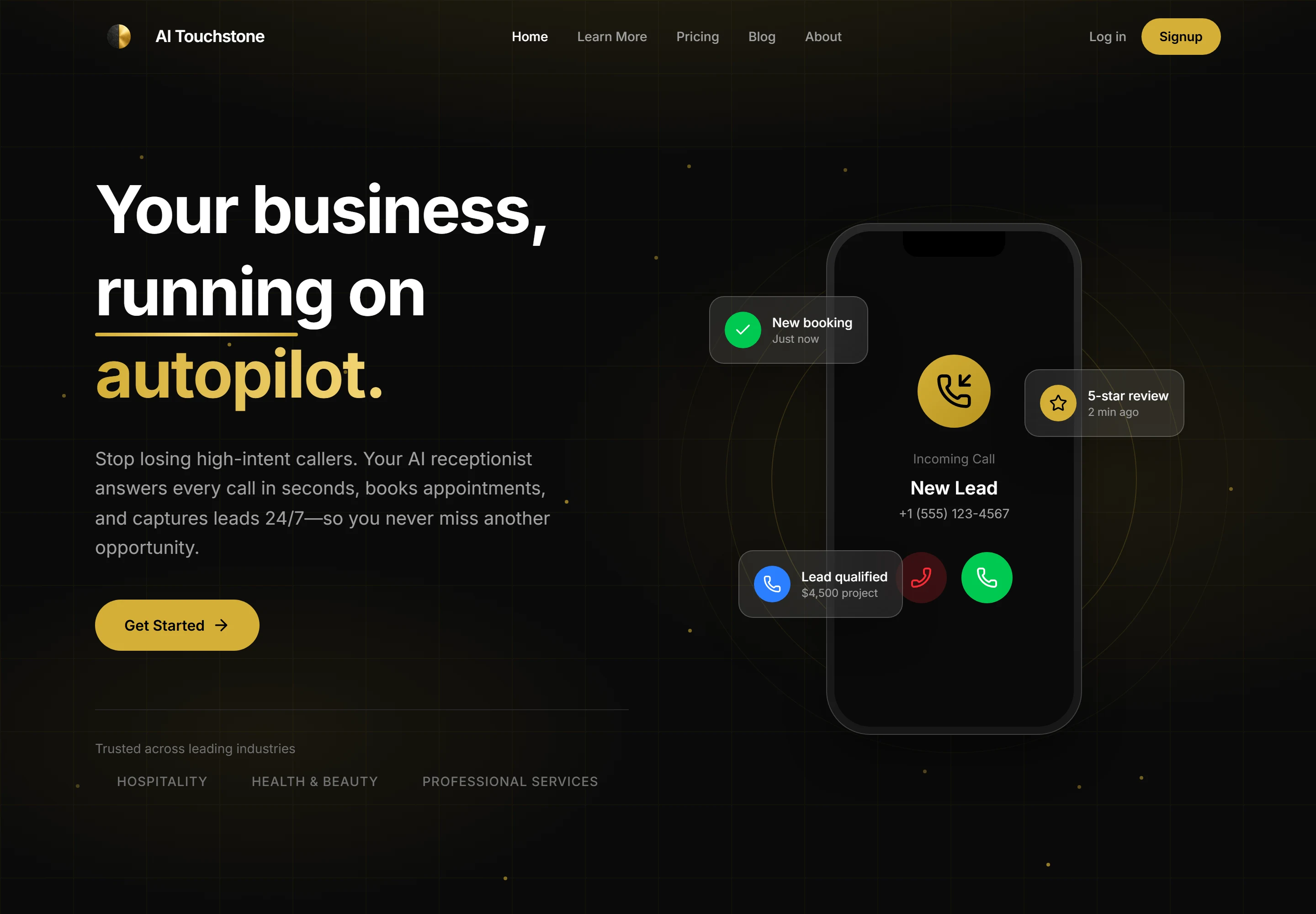 AI Touchstone homepage with an incoming-call illustration and signup button