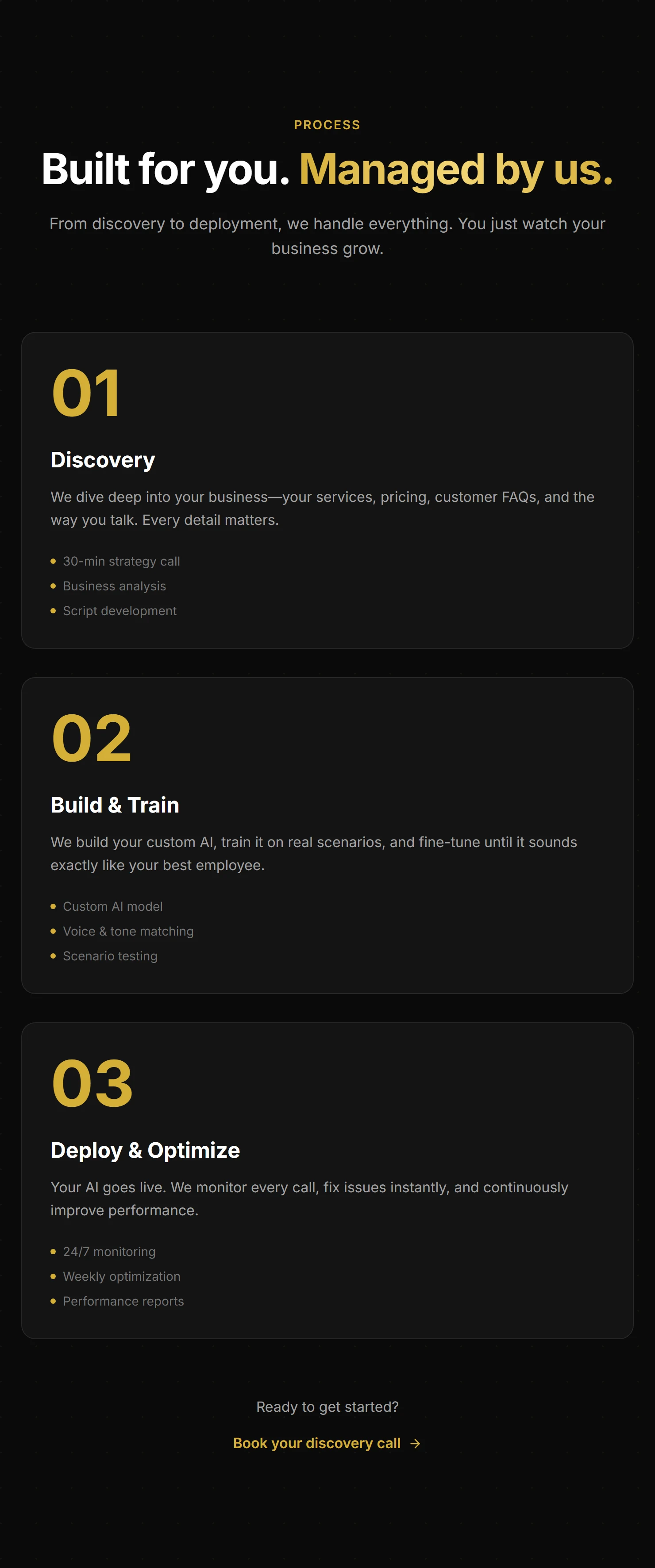 AI Touchstone discovery, build and train, and deployment steps in a narrow layout