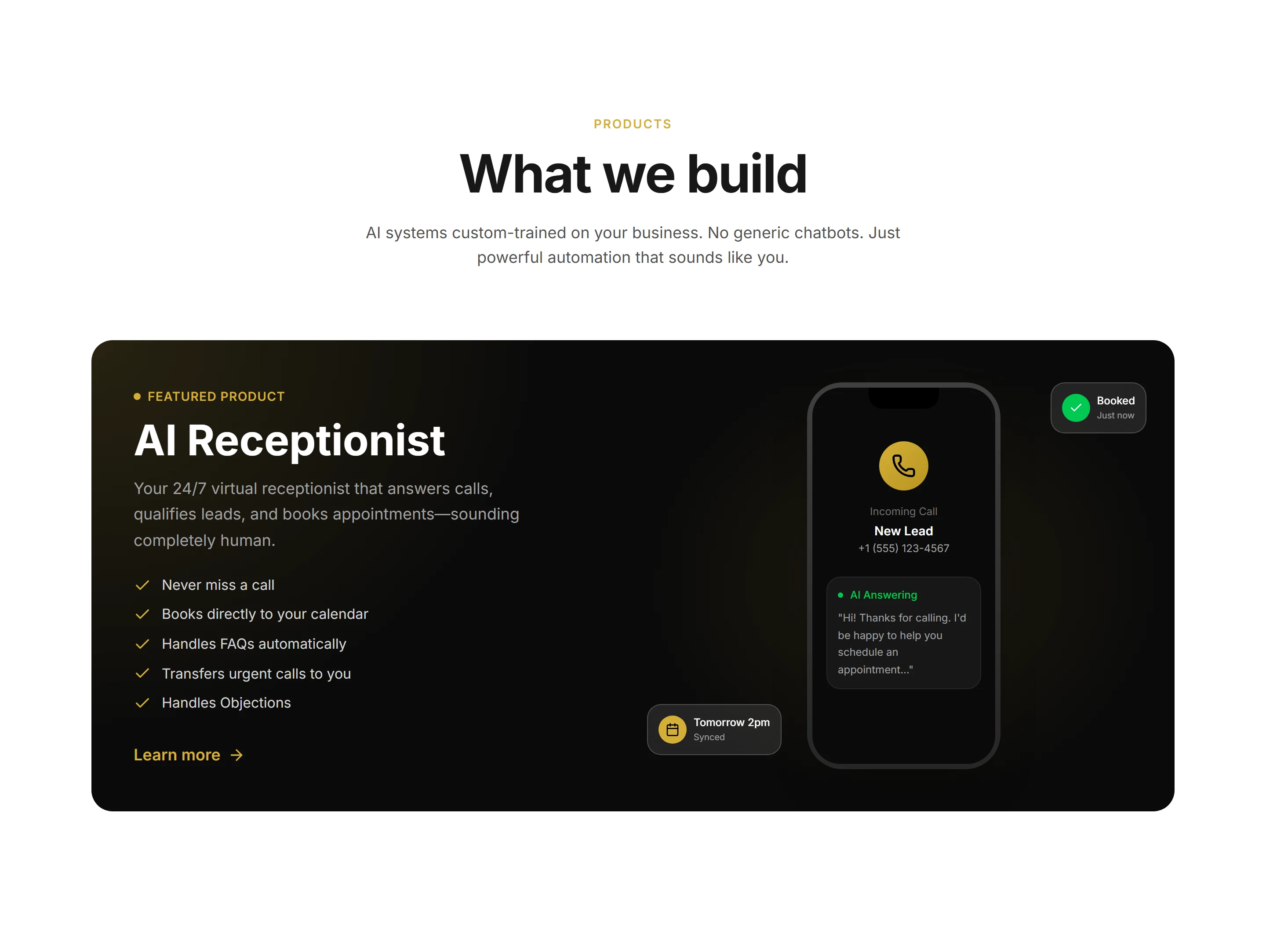 AI receptionist product section with features and a sample call conversation