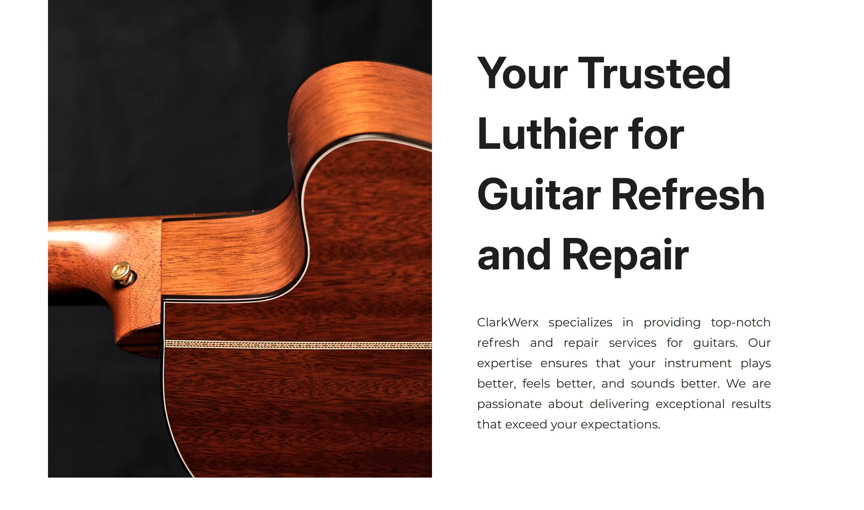 ClarkWerx guitar repair introduction beside a detailed acoustic guitar photograph