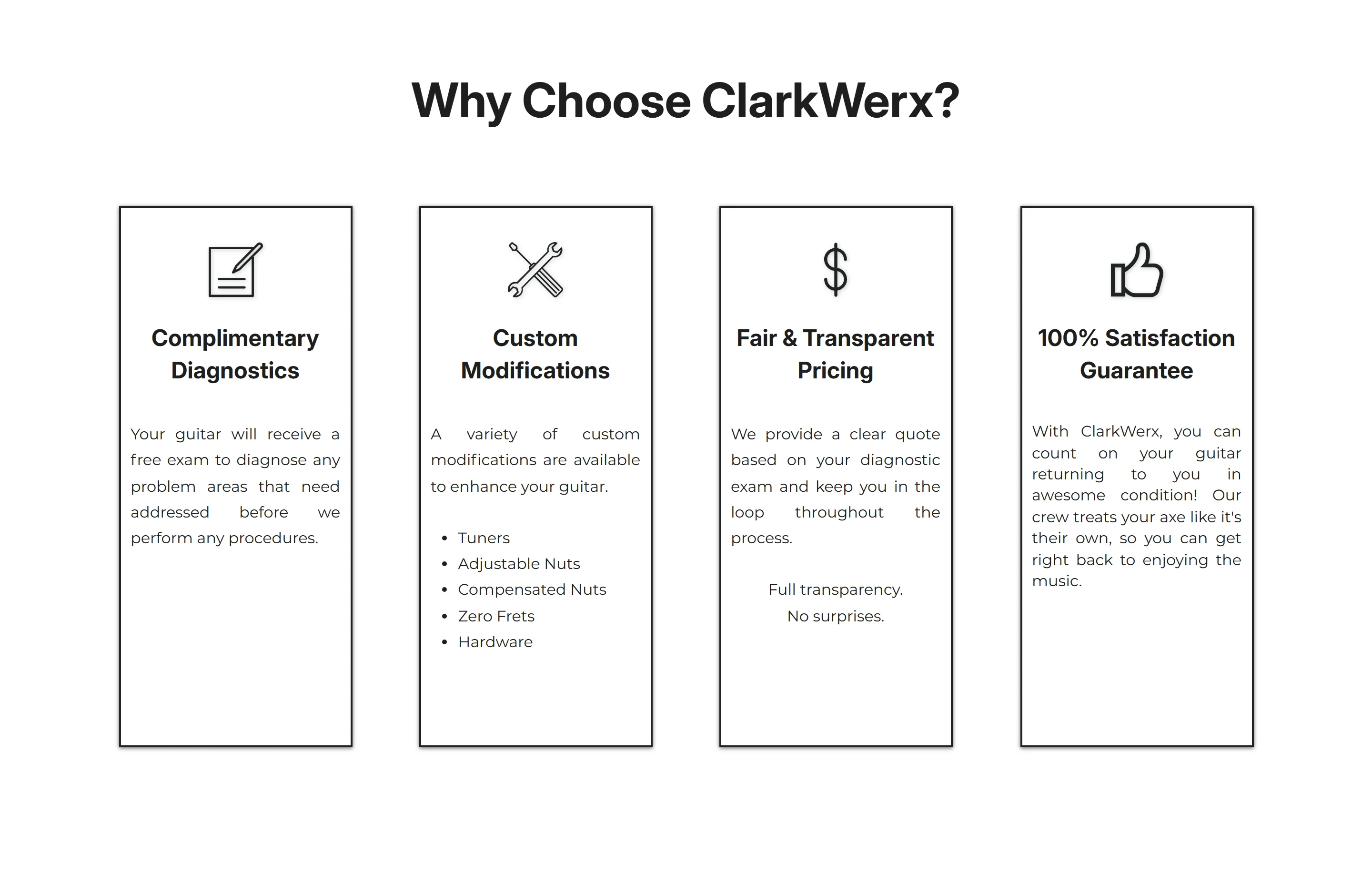 ClarkWerx service commitments covering diagnostics, custom modifications, pricing, and satisfaction