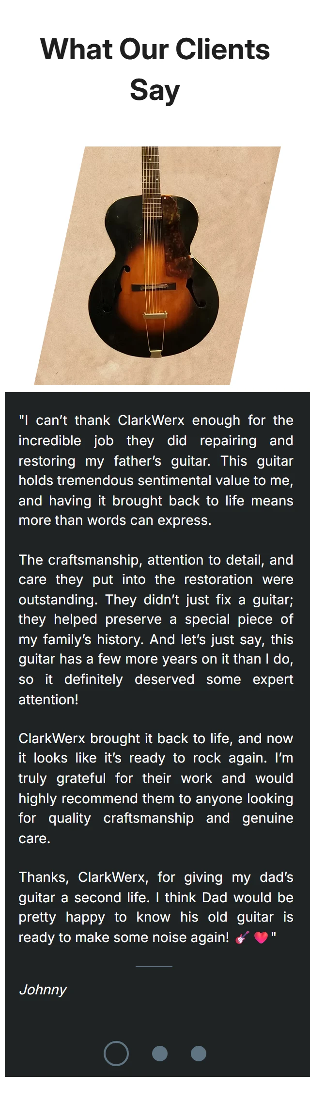 ClarkWerx customer testimonial alongside a restored vintage guitar