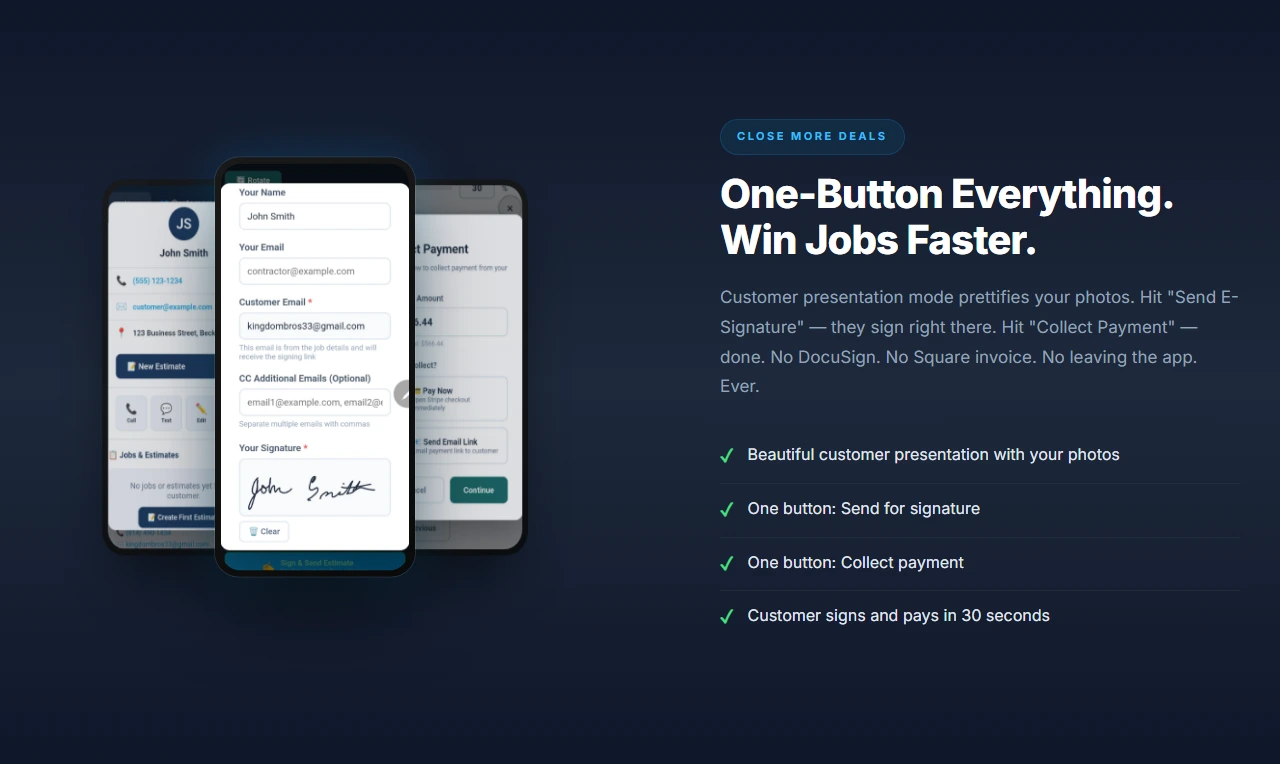 Estimator Pro customer, signature, and payment screens beside the estimate workflow description
