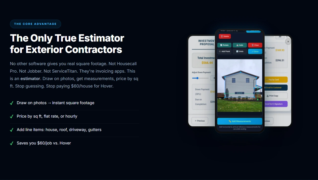Estimator Pro measurement tools showing a house photo with dimensions and an estimate preview