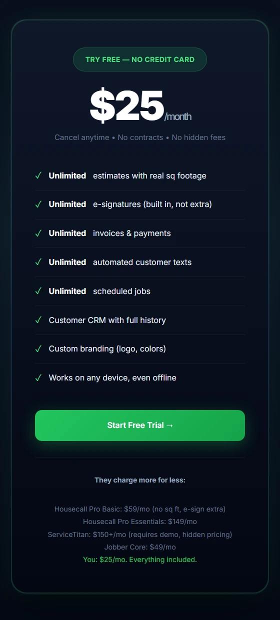 Archived Estimator Pro pricing panel listing estimates, signatures, payments, scheduling, and branding