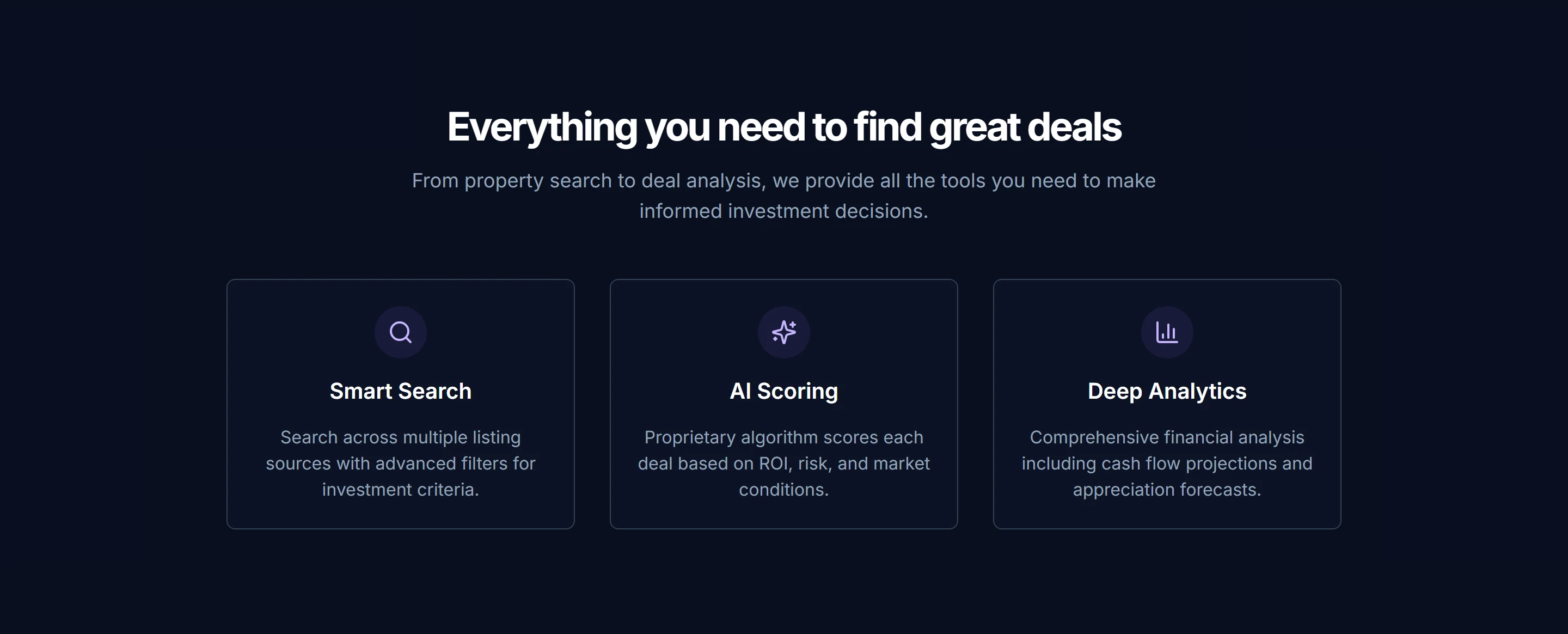 Inverra feature overview showing smart search, AI scoring, and deep analytics