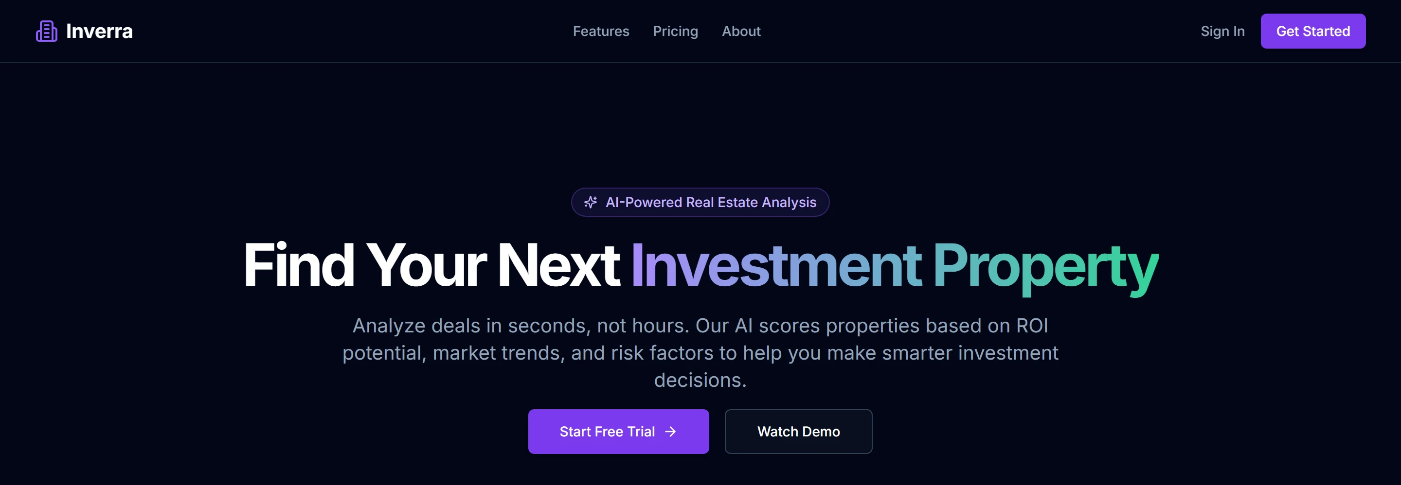 Inverra homepage introducing AI-powered investment property analysis
