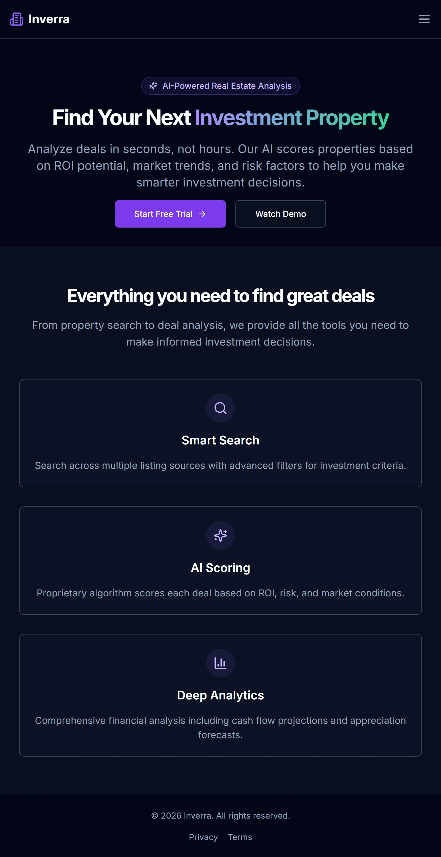 Inverra homepage and product features displayed in a narrow responsive layout