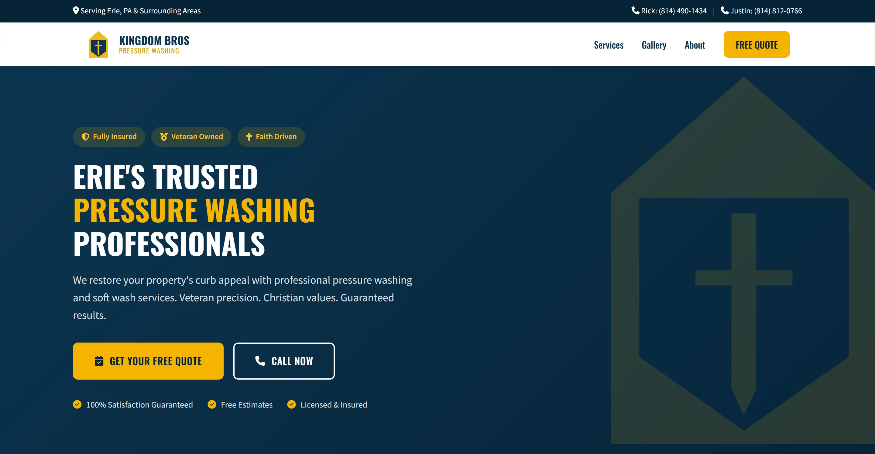 Kingdom Bros homepage with pressure washing services and free quote call to action