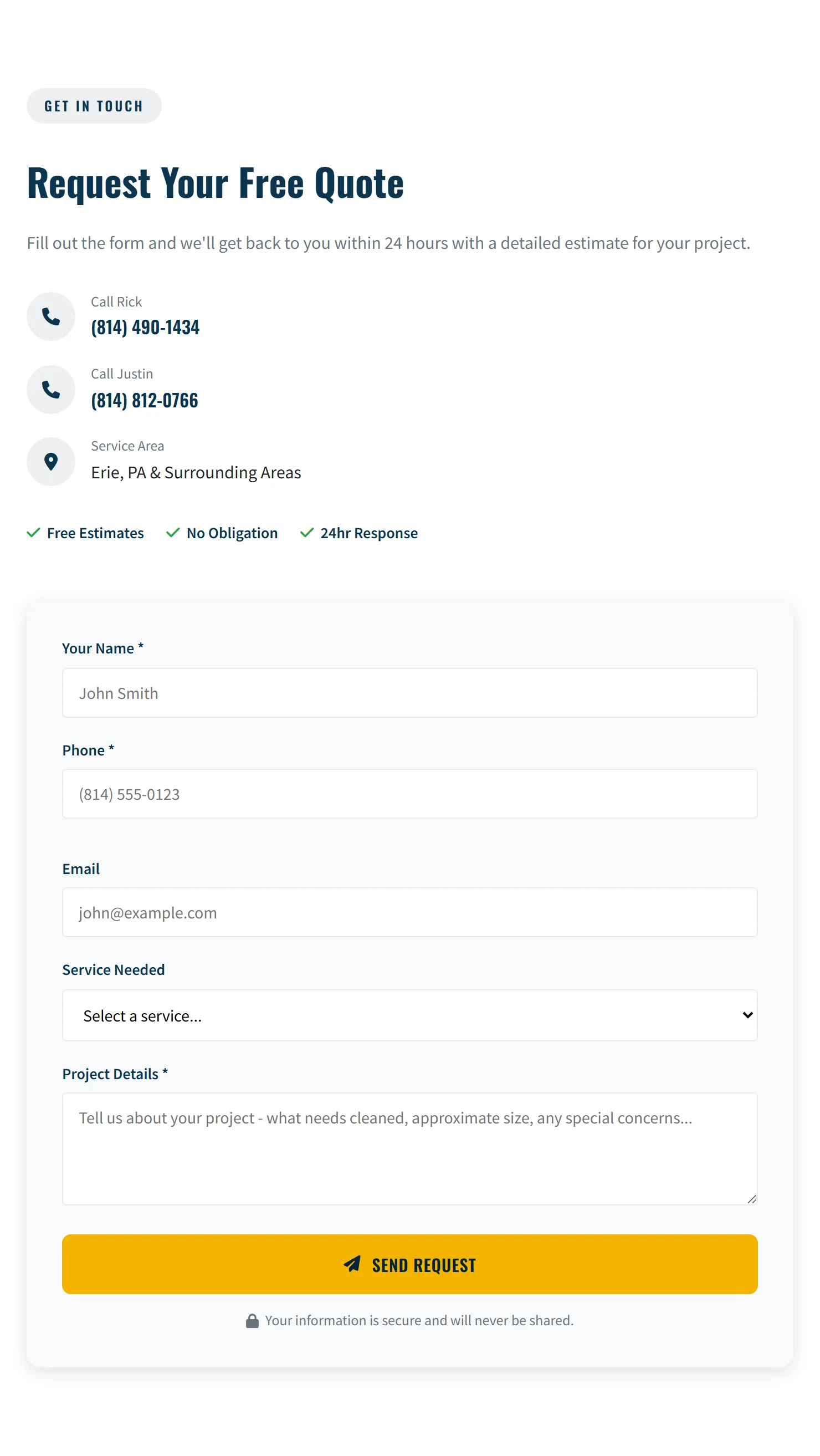 Kingdom Bros quote request section with contact details and project inquiry form