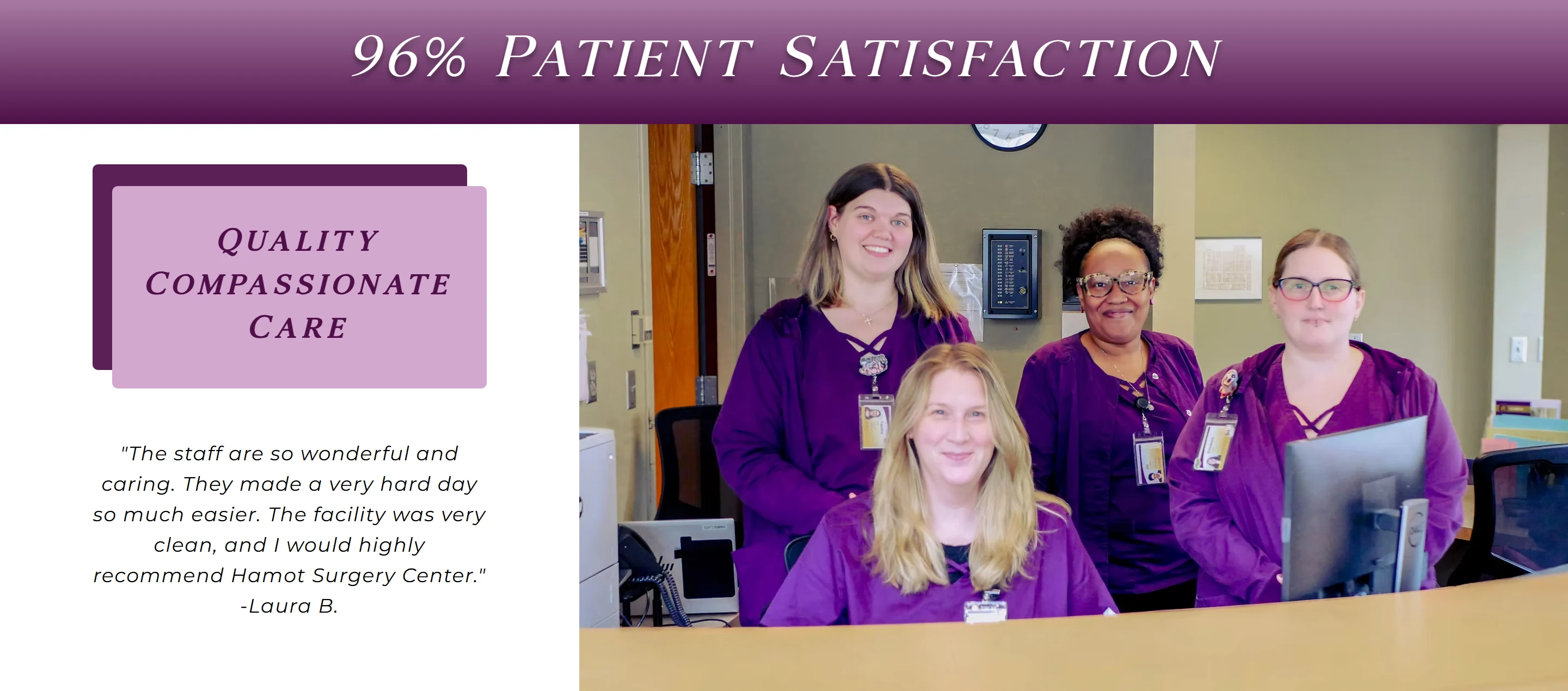 Hamot Surgery Center staff photograph beside a patient testimonial