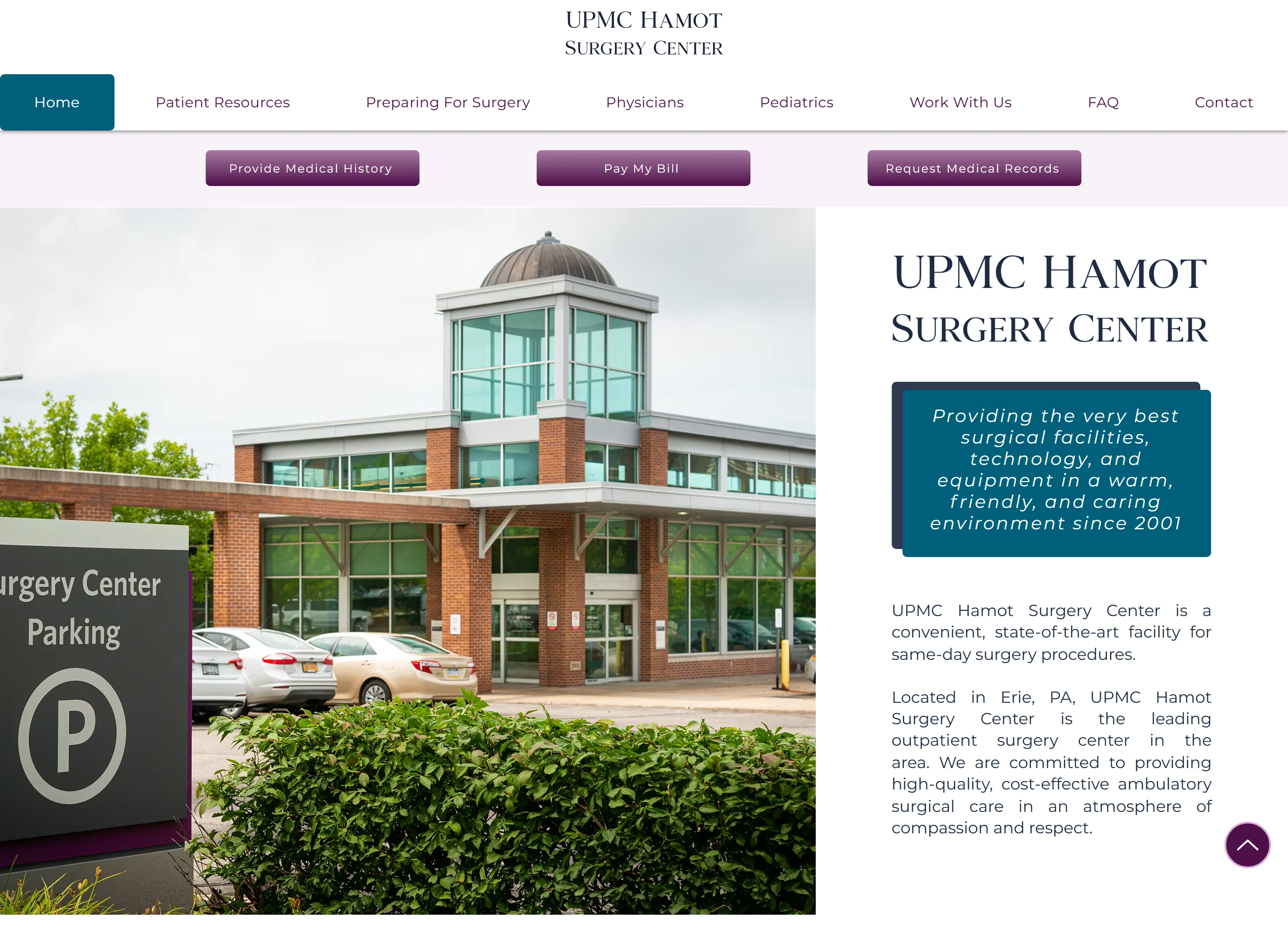UPMC Hamot Surgery Center homepage with facility photography and patient links
