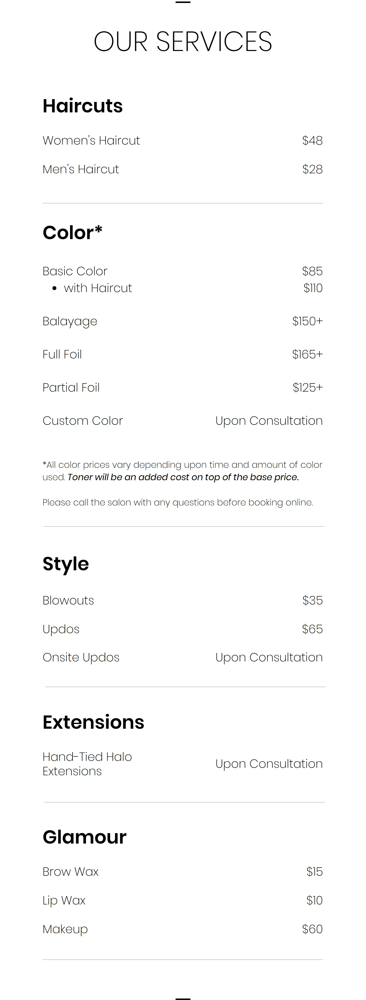 West End Hair Studio services section