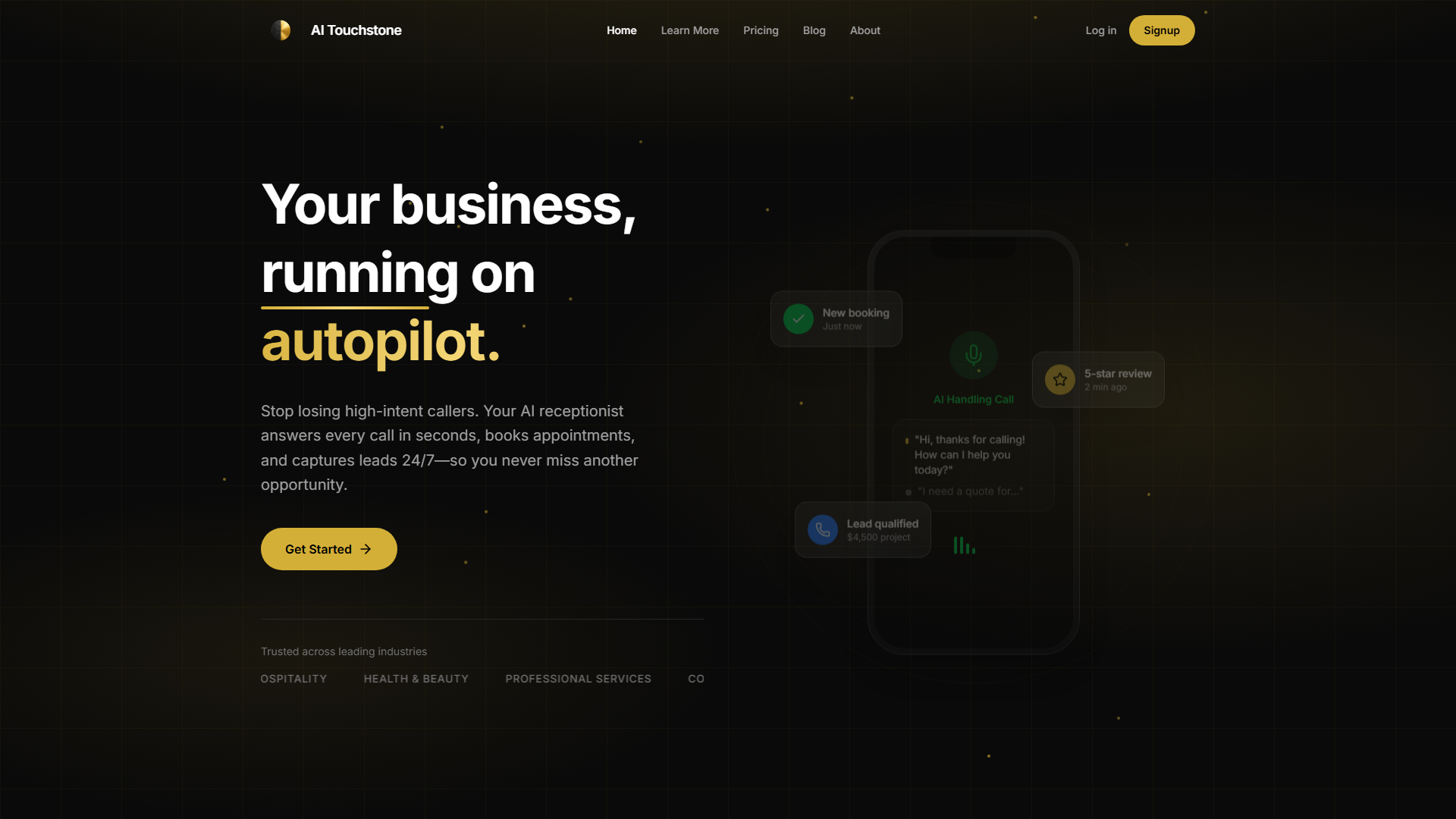 AI Touchstone platform interface showing real-time call logs and appointment scheduling