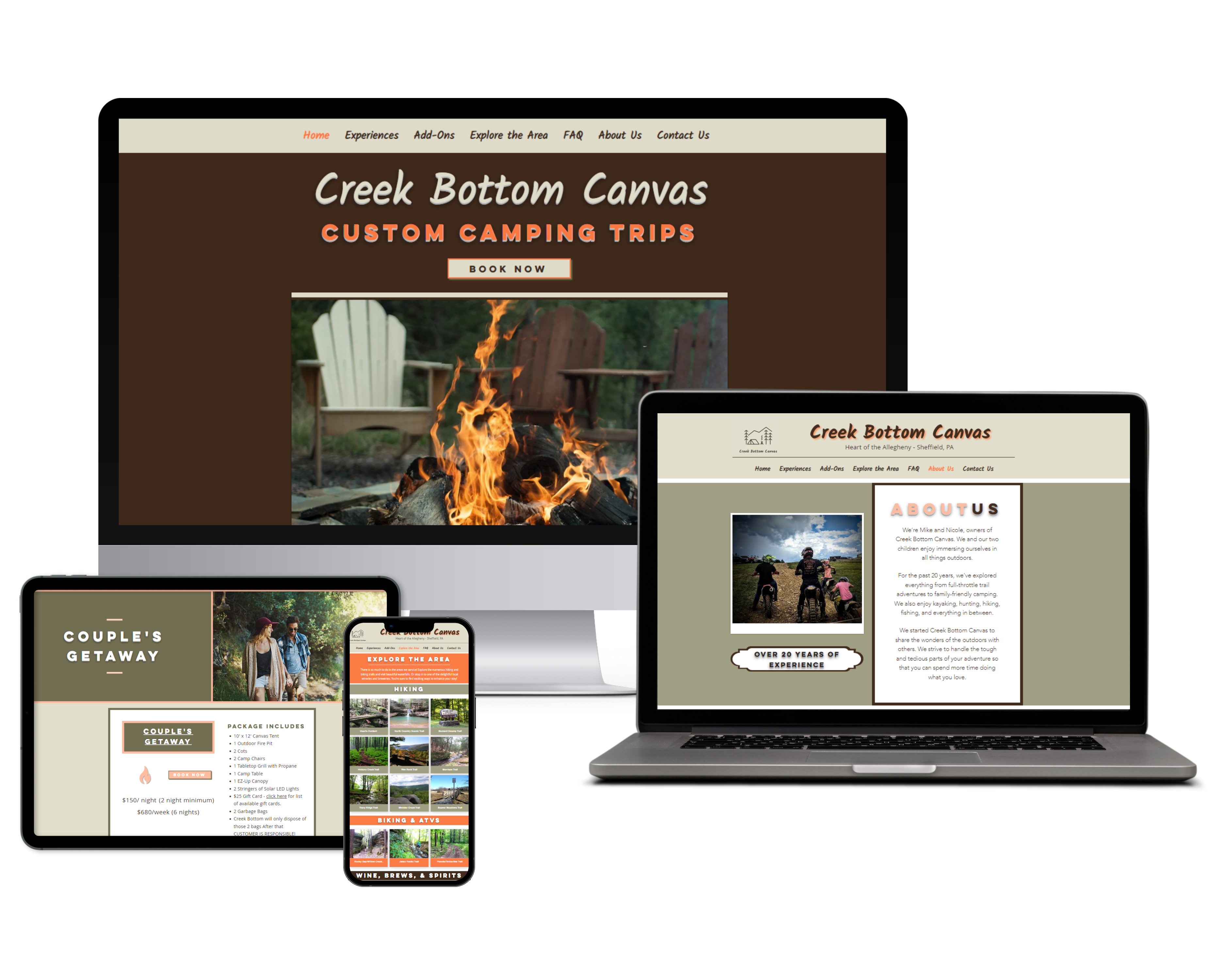 Creek Bottom Canvas e-commerce storefront with rustic outdoor goods and tactile product photography