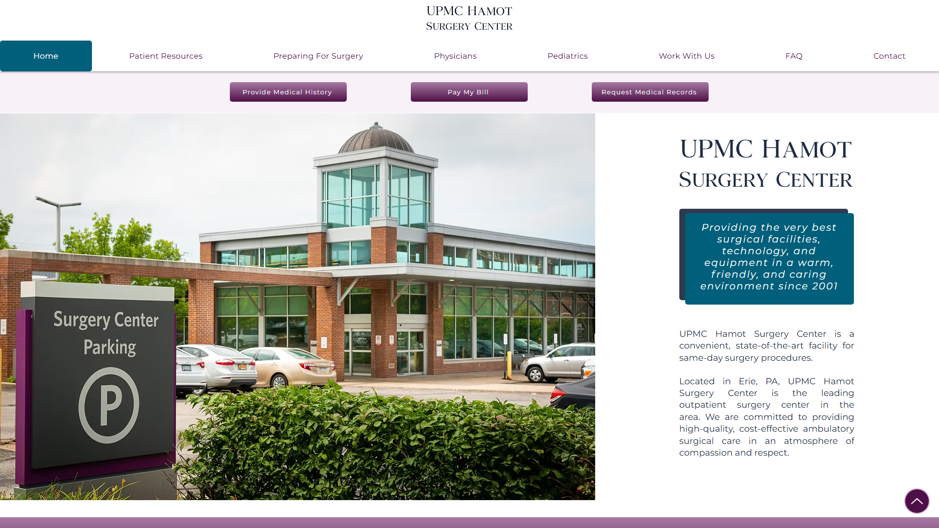 Hamot Surgery Center website homepage featuring patient navigation and facility information