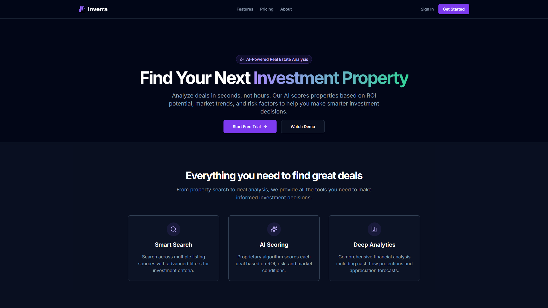 Inverra real estate dashboard displaying multi-state portfolio analytics and deal flow tracking