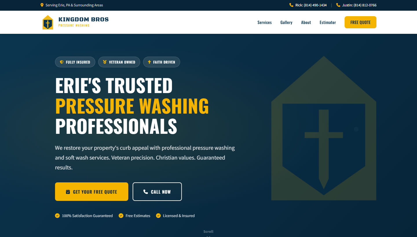 Kingdom Bros pressure washing website homepage