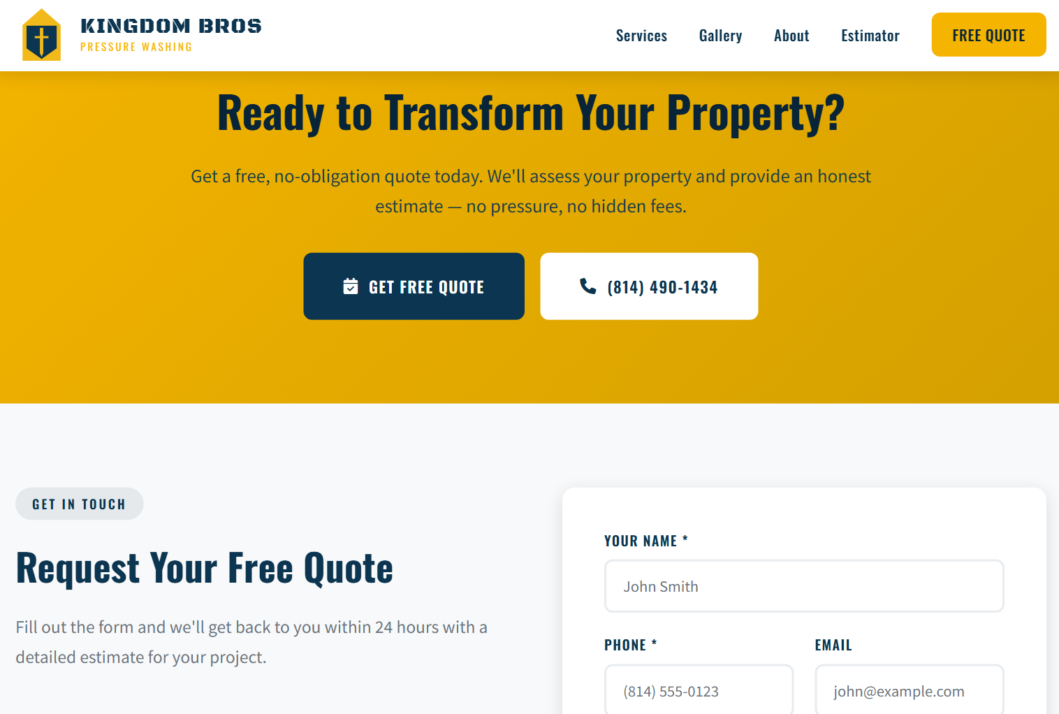 Kingdom Bros quote call-to-action and form on tablet