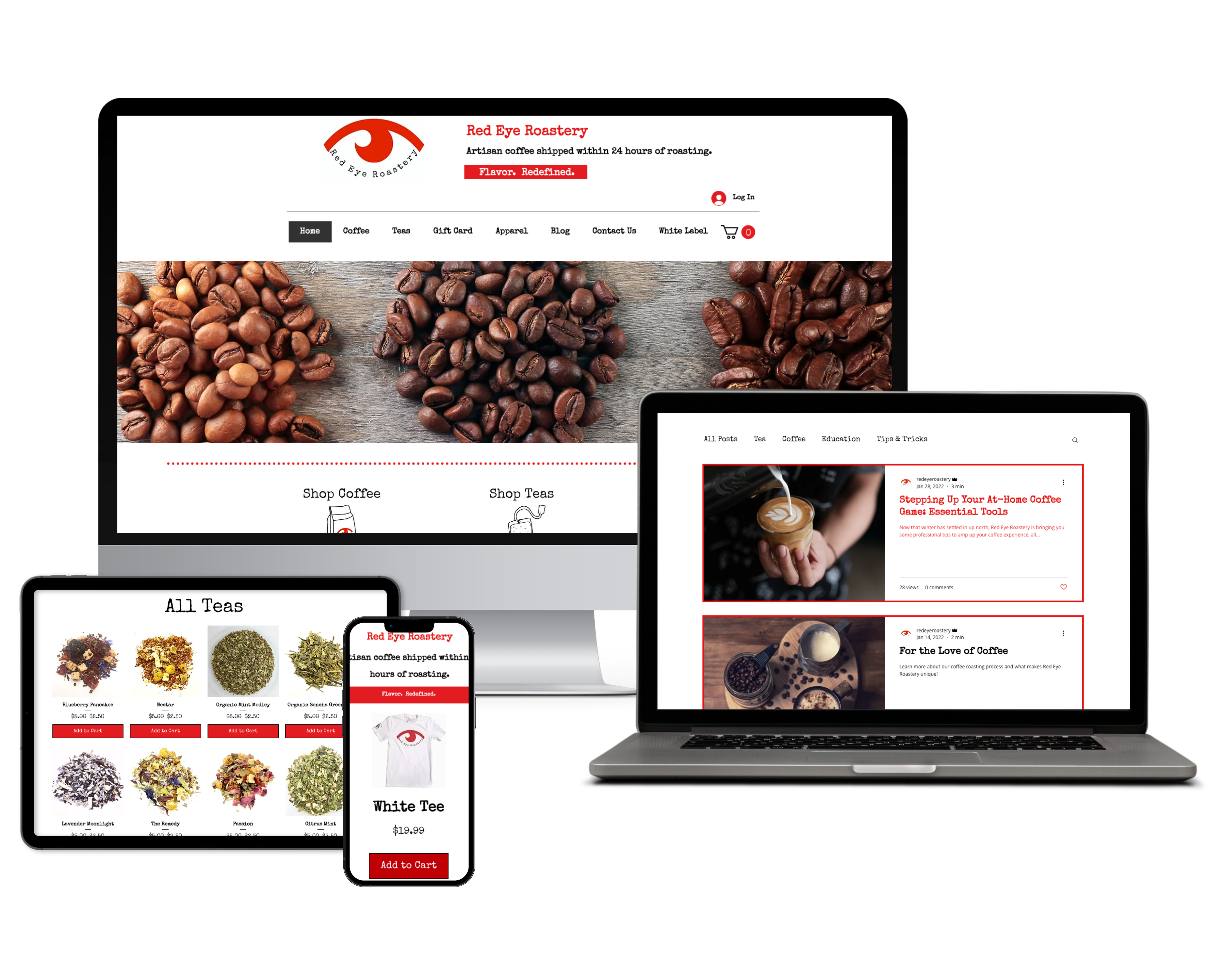 Red Eye Roastery coffee brand website with editorial layout and online bean subscription ordering