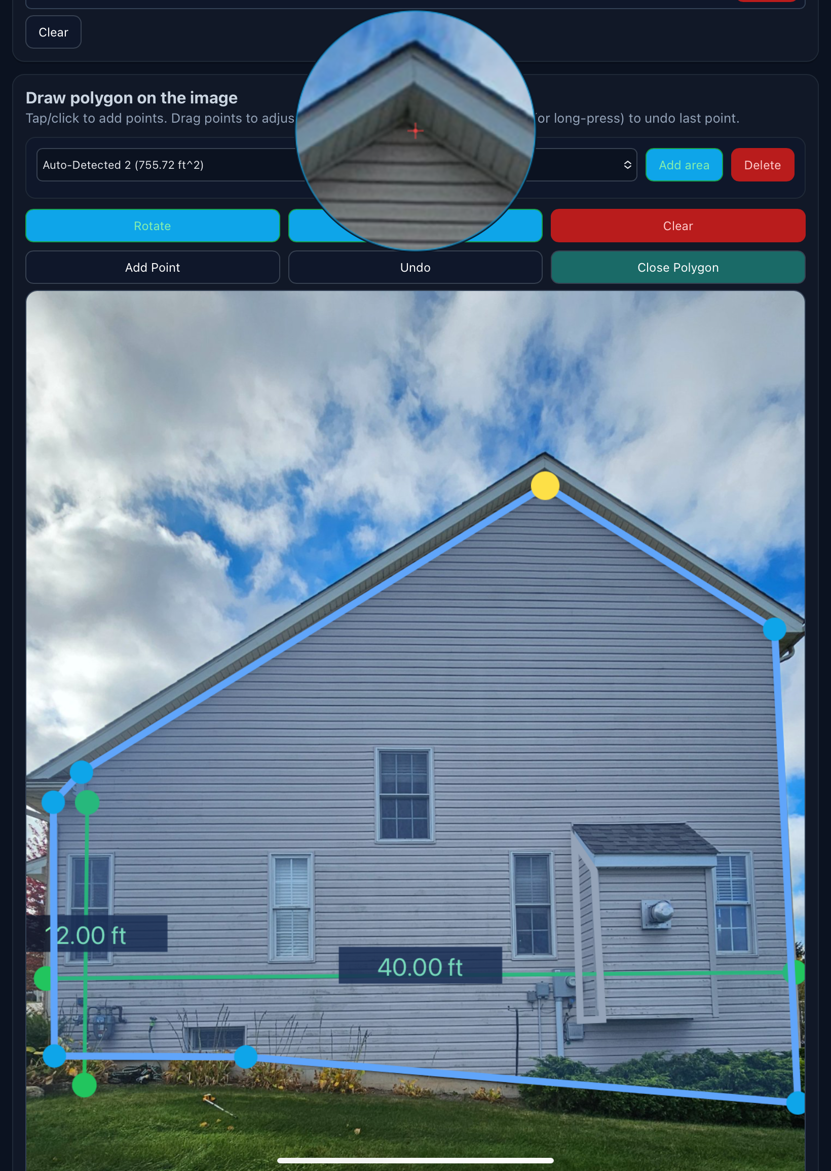 Draw polygons on photos to calculate square footage